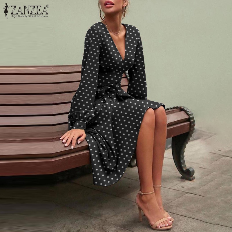 Đầm maxi Zanzea tay dài cổ chữ V in chấm B hợp thời trang