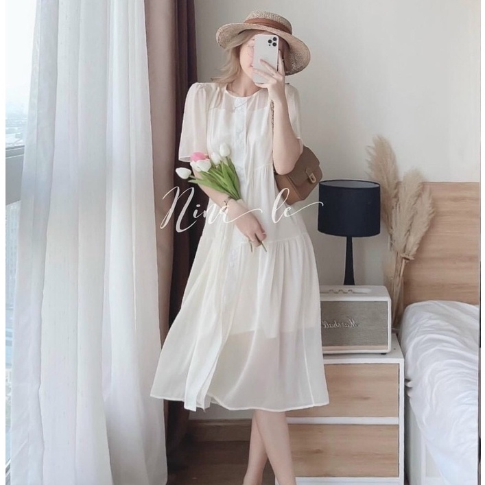 Đầm nữ dáng suông cài nút có lót dày dặn kiểu đầm dạo phố, dự tiệc màu đầm trắng, xanh thời trang nữ ARAVA