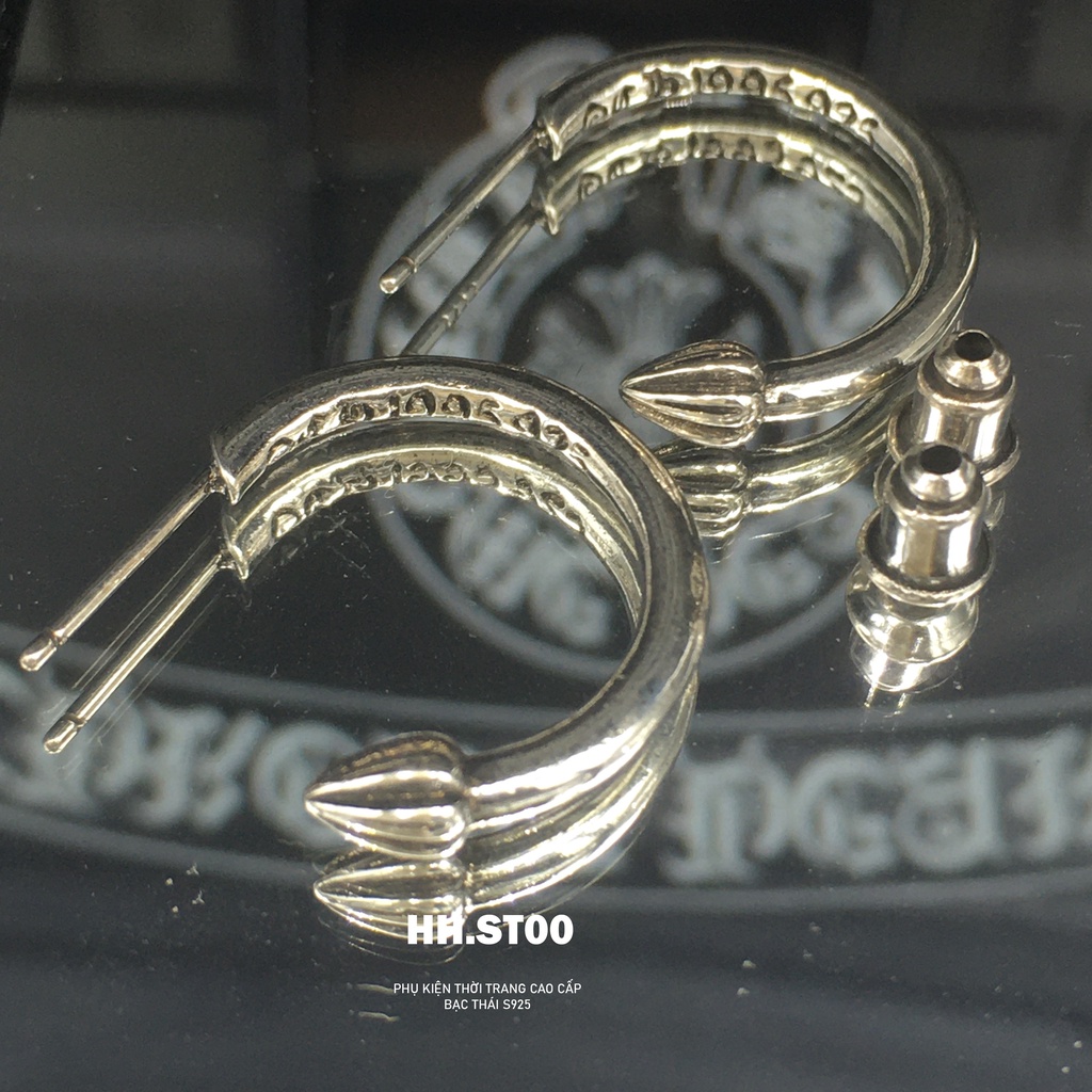 Khuyên tai Chrome heart gia công bạc 925 , khuyên tai dạng tròn, hoa tai đinh độc lạ, Trang sức chrome hearts