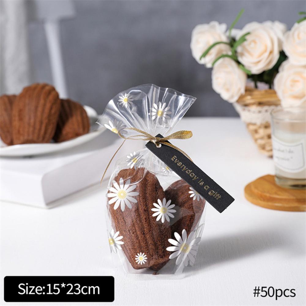 Set 50/100 Túi Trong Suốt Đựng Bánh Quy/Kẹo/Socola J6V4 Họa Tiết Hoa Cúc