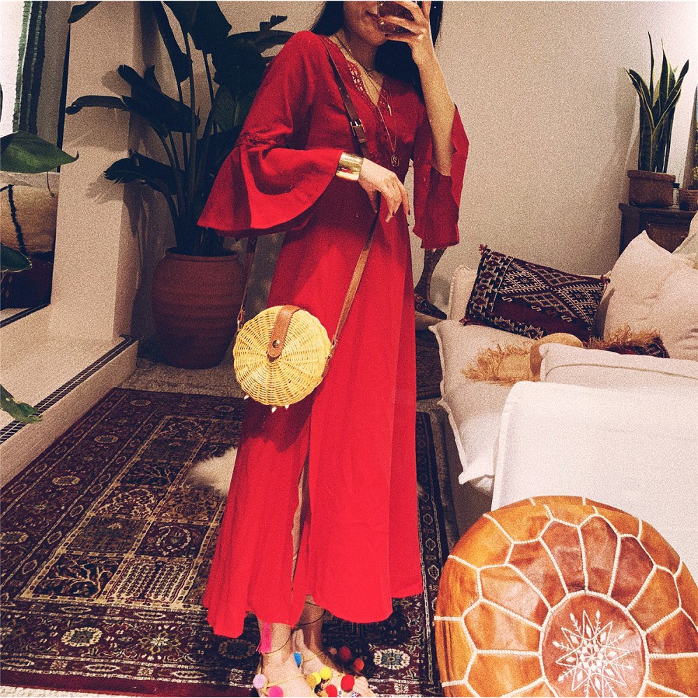 Váy voan đỏ xẻ tà tay chuông - MS059 (Có ảnh thật) | BigBuy360 - bigbuy360.vn