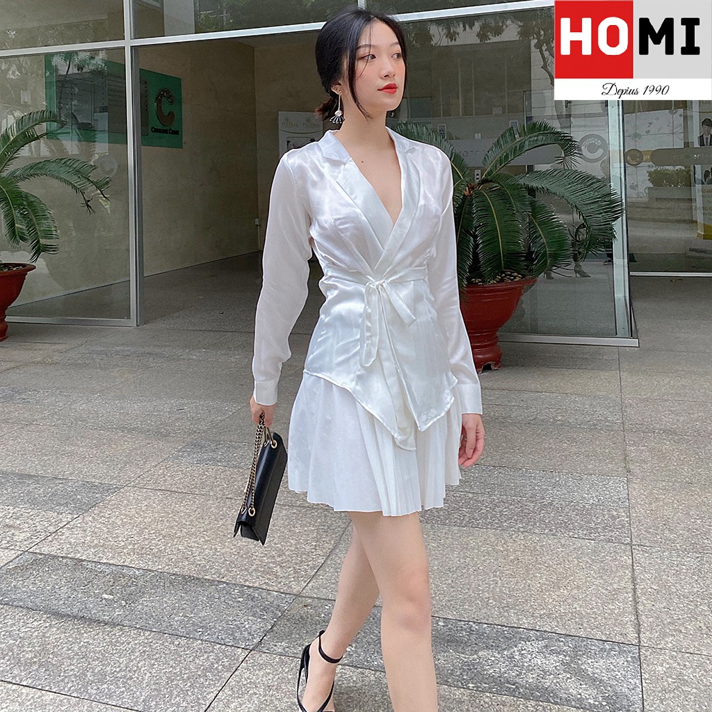 Áo sơ mi lụa cổ vest dây cột eo trắng Homi Fashion