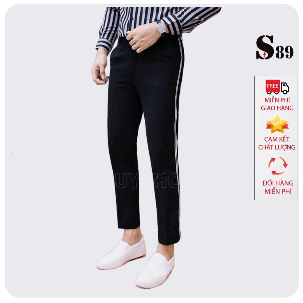 Quần tây (âu) nam T-max kẻ sọc trắng form dáng slim fit ống côn dáng lửng dể phối đồ