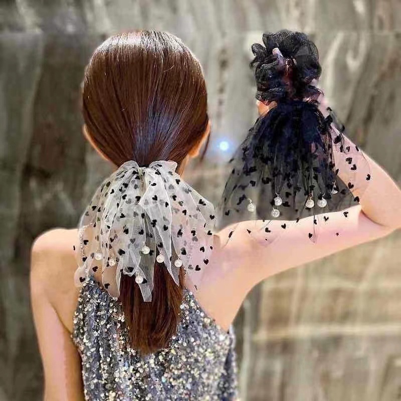 Dây buộc tóc cỡ lớn MANYUE ren lưới tua rua họa tiết trái tim đính hạt ngọc trai ngọt ngào