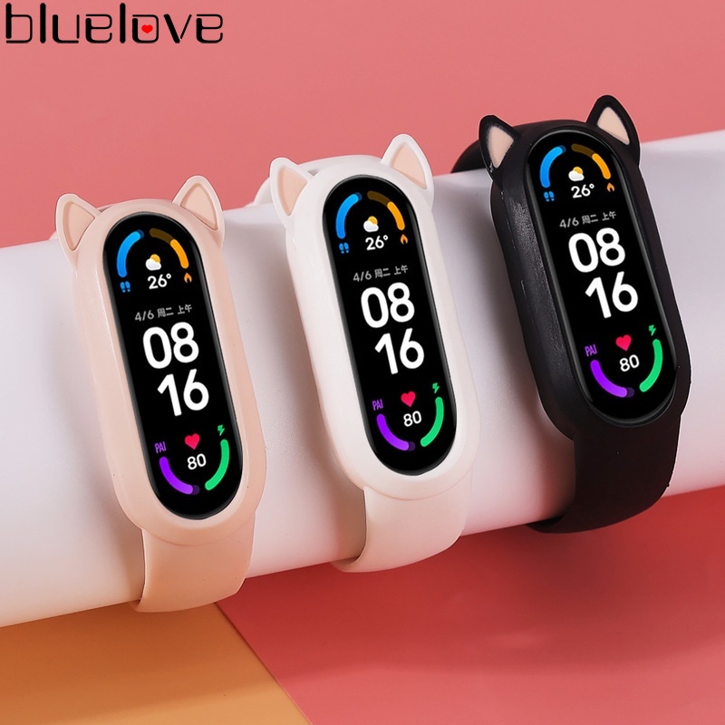 Ốp Điện Thoại Silicon Mềm Hình Tai Mèo Dễ Thương Có Dây Đeo Cho Xiaomi Mi Band 3 / 4 / 5 / 6