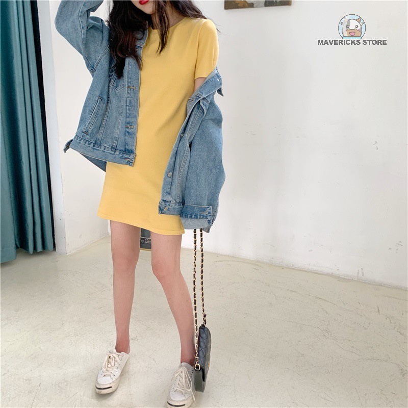 Đầm Thun Tay Ngắn Màu Sắc Đơn Giản Phong Cách Hàn Quốc Thời Trang Mùa Hè Cho Nữ