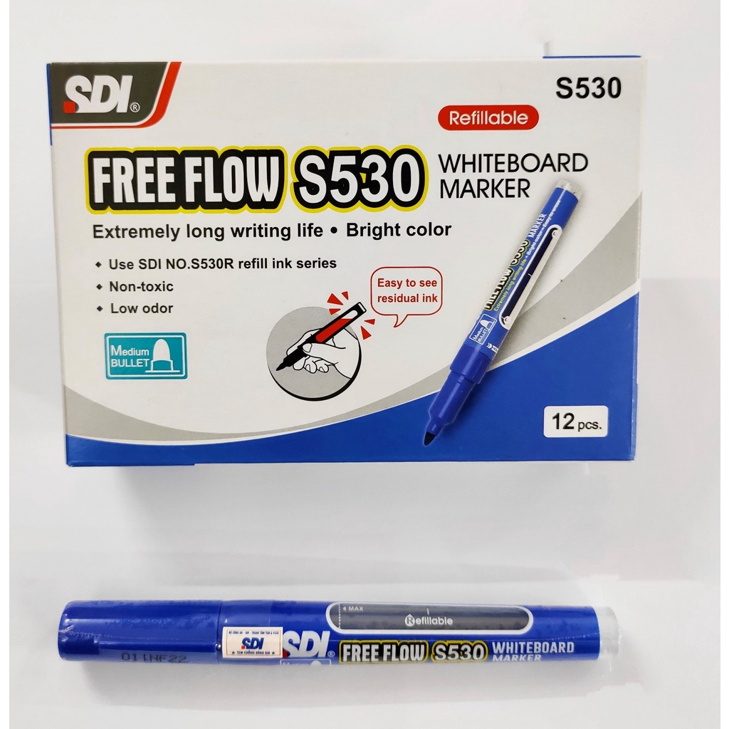 Viết lông bảng chính hãng SDI S530 WHITEBOARD MARKER ngòi 1.5mm, màu đậm, có ruột thay thế, lau sạch, có tem chống giả