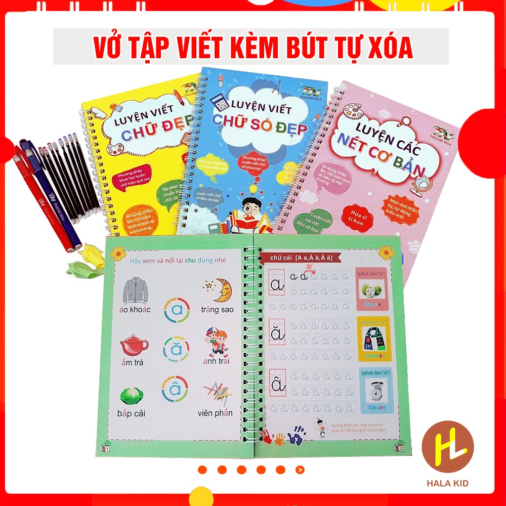 Bộ 3 Vở tập viết nét Lõm TỰ XÓA kèm bút tự bay màu cho bé luyện dễ dàng (2bút + 8ngòi + 2 định vị cầm bút)