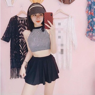 Bikini áo yếm chân váy đen Bộ bơi nữ chân váy đen BKN27009