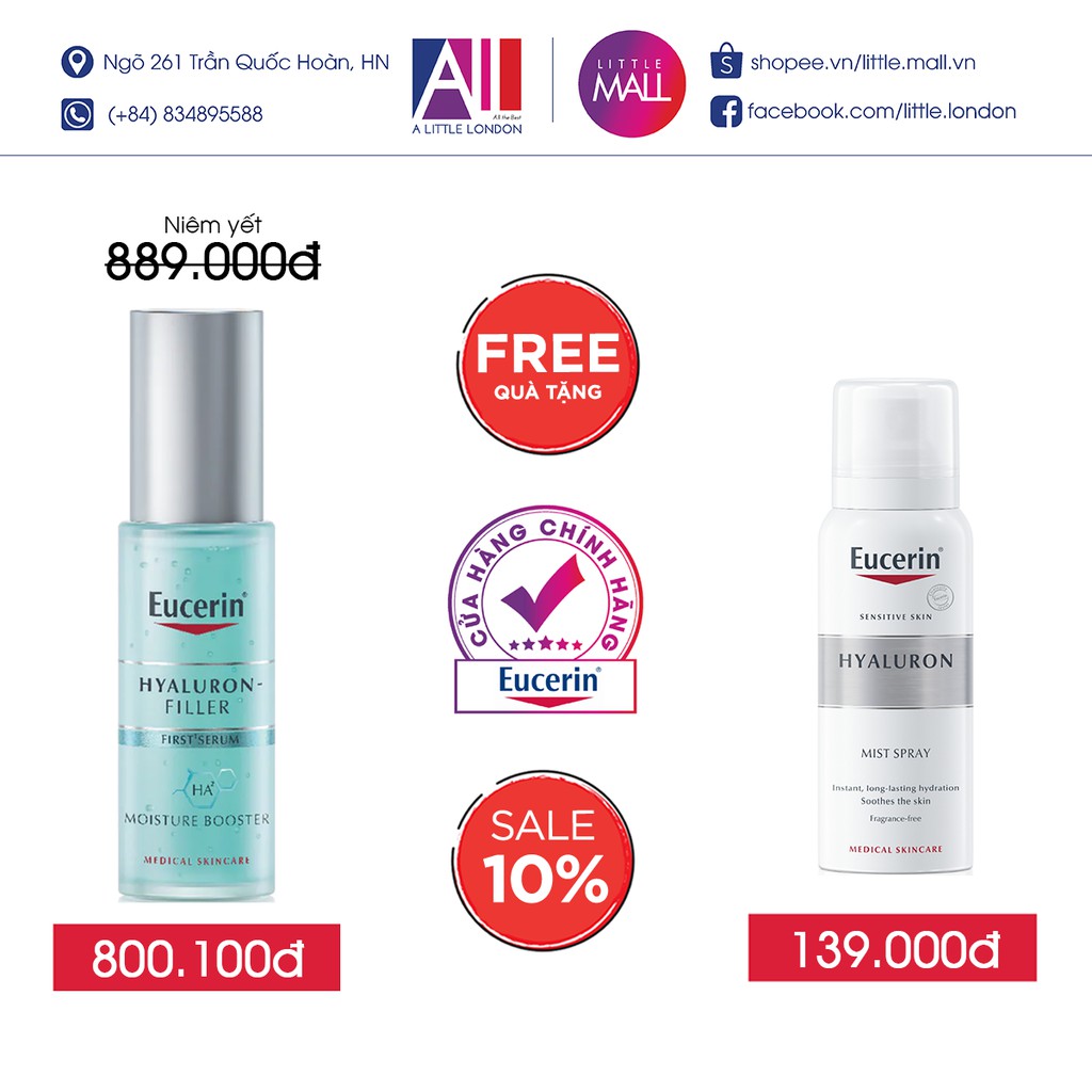 Tinh chất cấp ẩm chống lão hóa Eucerin hyaluron filler moisture booster 30ml TẶNG xịt dưỡng ẩm Eucerin (Nhập khẩu)