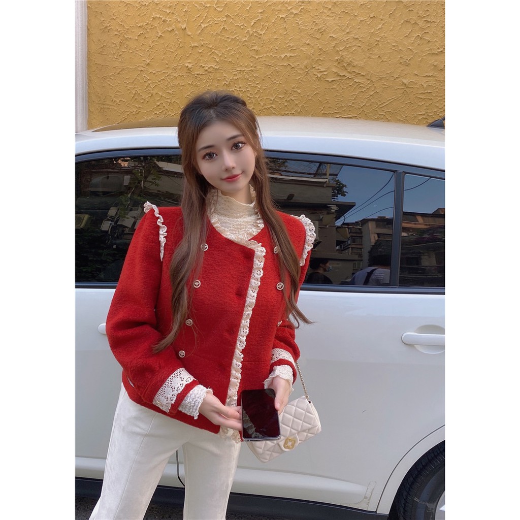 ] Áo dạ đỏ viền ren tay bồng giáng sinh tiểu thư sang chảnh Ulzzang A126