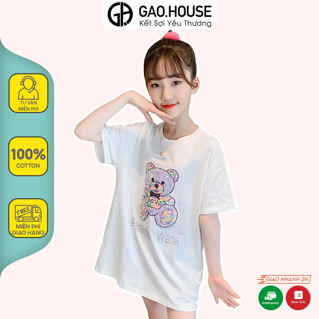 Áo thun bé gái Gạo House Cotton 4 chiều cổ tròn cộc tay họa tiết Gấu lấp lánh [T10]