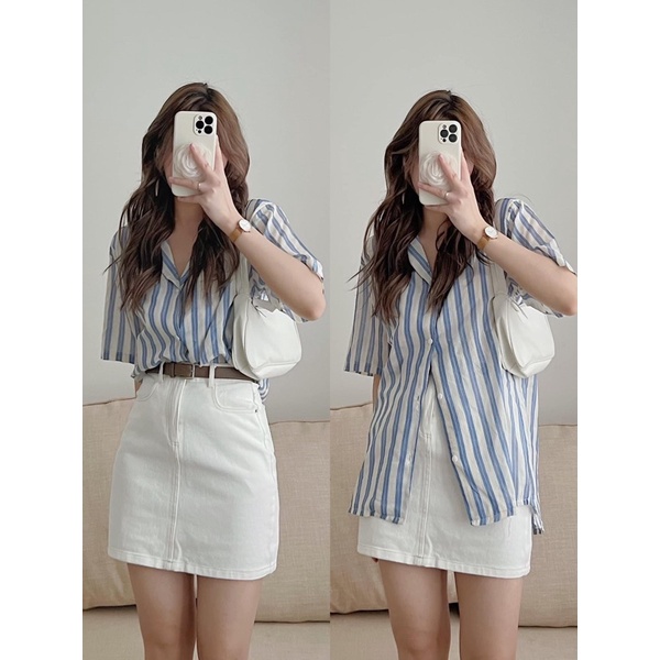 Áo sơmi kẻ sọc cộc tay basic style trẻ trung đơn giản Hàn Quốc