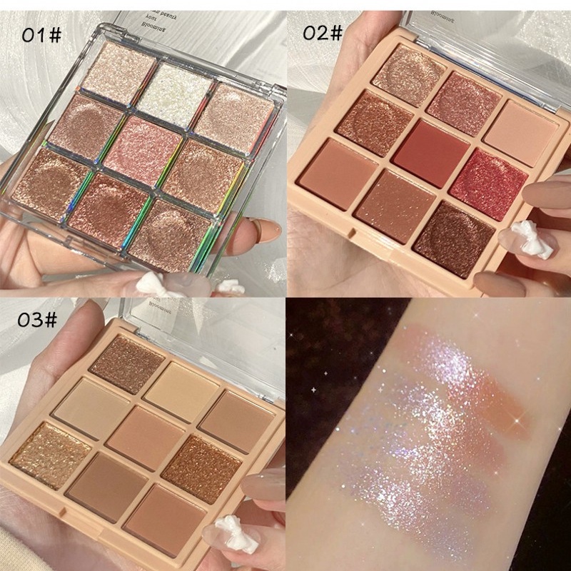 [Hàng mới về] Bảng phấn mắt 9 tông màu lì lấp lánh chống thấm nước chất lượng cao