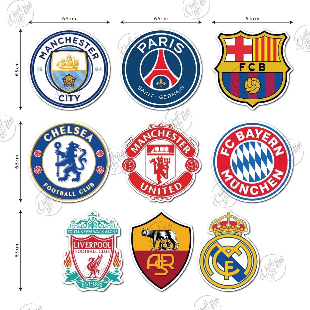 Combo 40 sticker logo CLB BÓNG ĐÁ nổi tiếng thế giới không trùng chất liệu decal chống nước trang trí xe máy nón bảo hiể