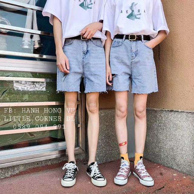 Quần short ngố lửng jeans xanh nhạt rách xẻ một bên ulzzang kèm ảnh thật hàng sẵn