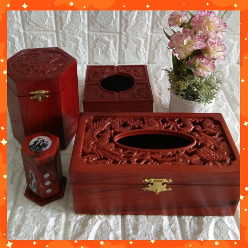 [Đồ Thờ Cúng] Bộ 4 món tiện ích bằng gỗ hương trạm khắc hộp Trà lớn,giấy chữ nhật,gạt tàn,hộp tăm - 4GTL03