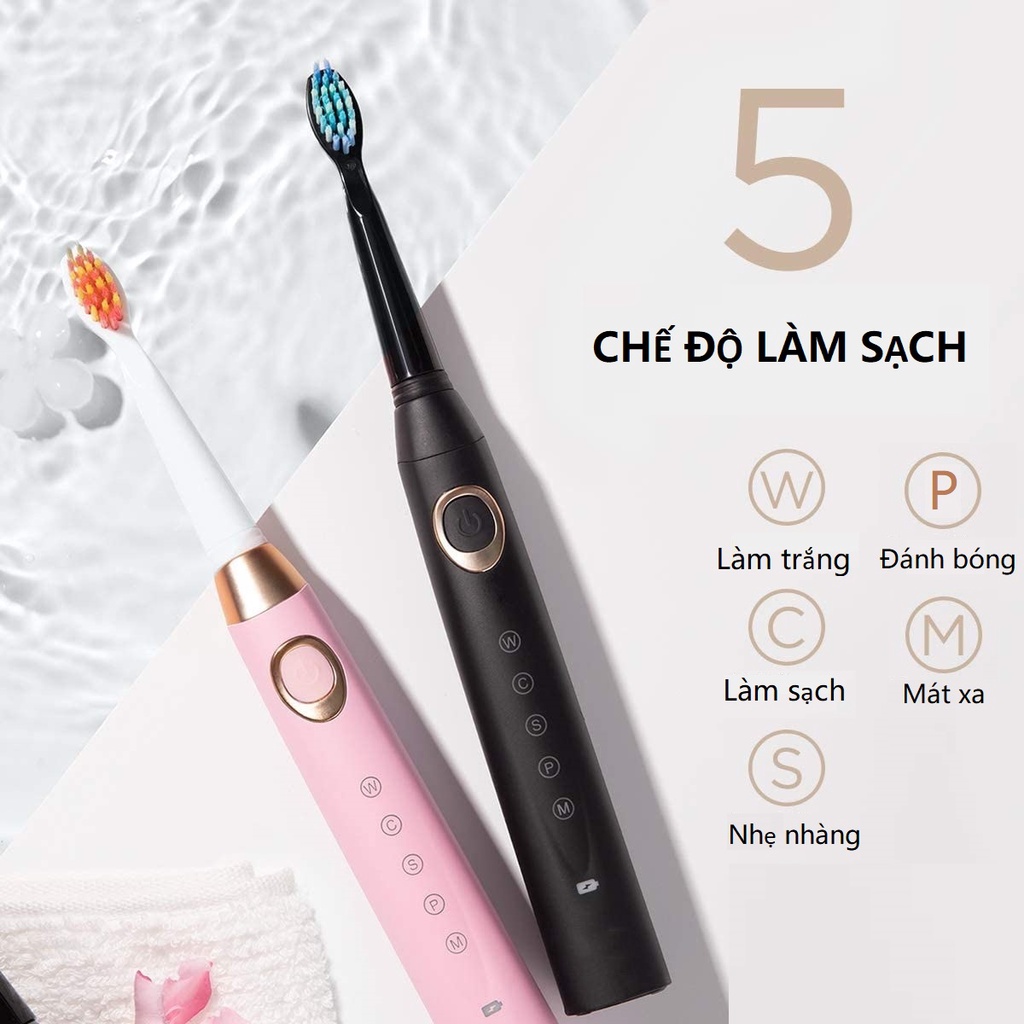 BÀN CHẢI ĐIỆN Fairywill D8 Hồng/Đen CHỐNG NƯỚC IPX7 với 8 Đầu bàn chải + Hộp du lịch - 5 Chế độ Đánh răng và Làm trắng