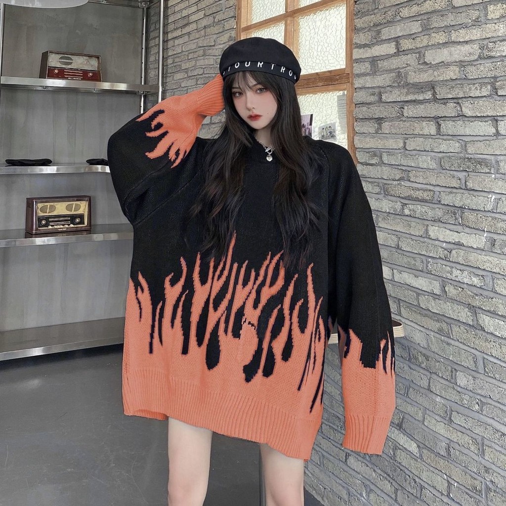 Áo sweater Dệt Kim Dày Dặn Phối Màu Ngọn Lửa Phong Cách Hàn Quốc Thời Trang Thu Đông Cho Nữ