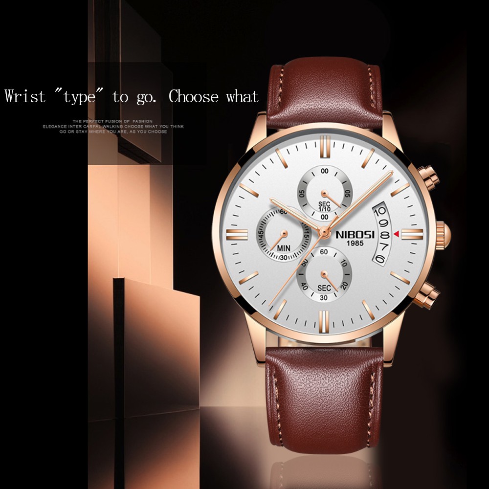 Đồng hồ nam NIBOSI Đầm giản dị Chronograph Lịch Đồng hồ chống nước Quartz với dây đeo bằng da