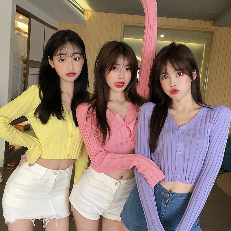 Áo Khoác Cardigan Áo Len Croptop Mỏng Cadigan Dệt Kim Tay Dài Cổ Chữ V Chống Nắng Cho Nữ