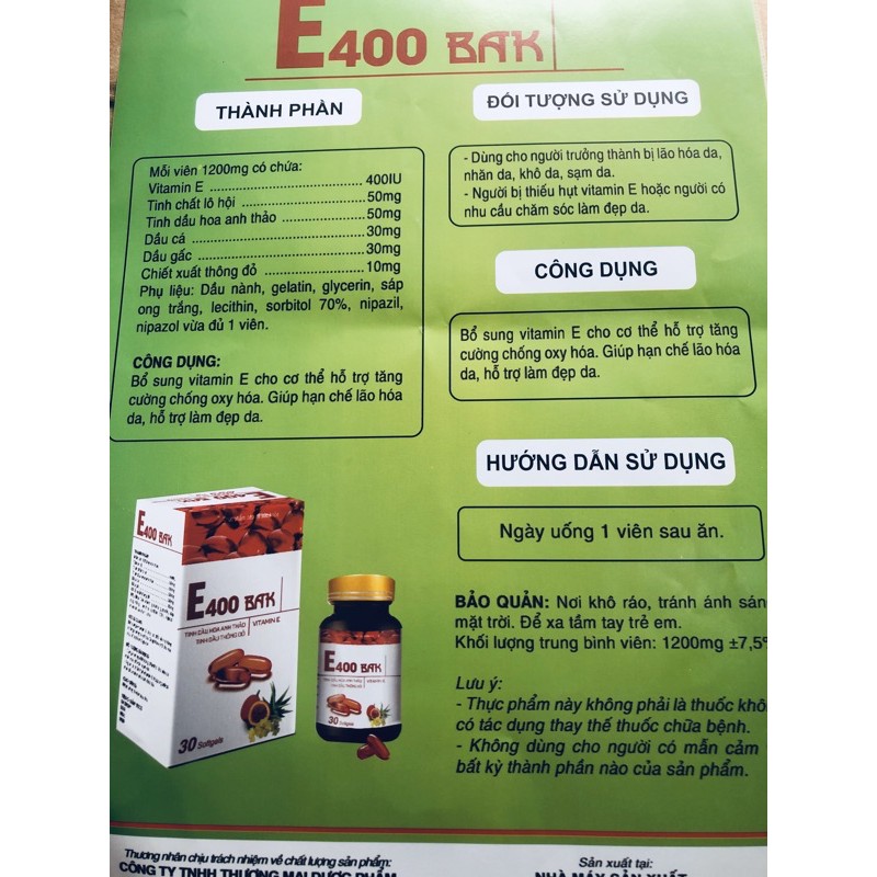 Vitamin E400 bak (tinh dầu hoa anh thảo, tinh dầu thông đỏ, vitamin e - tăng cường chống oxy hoá, lã