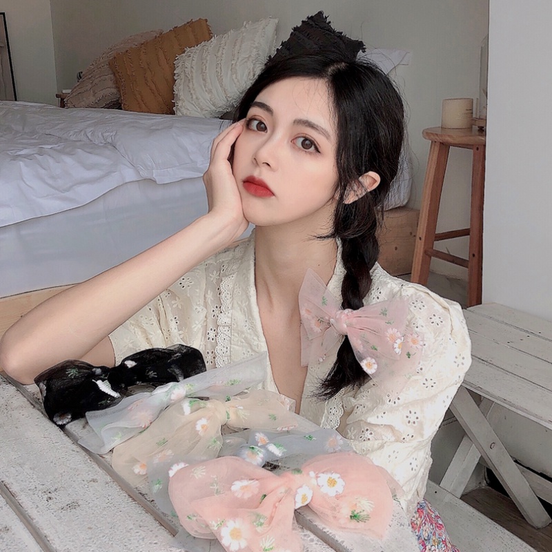 Kẹp Tóc Nơ Lớn Thêu Hoa Cúc Thời Trang Hàn Quốc Cho Nữ
