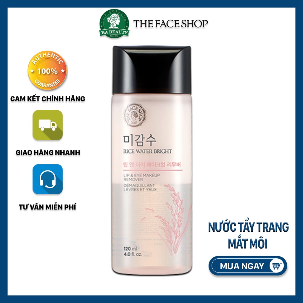 Tẩy trang mắt môi dưỡng ẩm sạch sâu The Face Shop Rice Water Bright Lip & Eye Makeup Remover 120ml