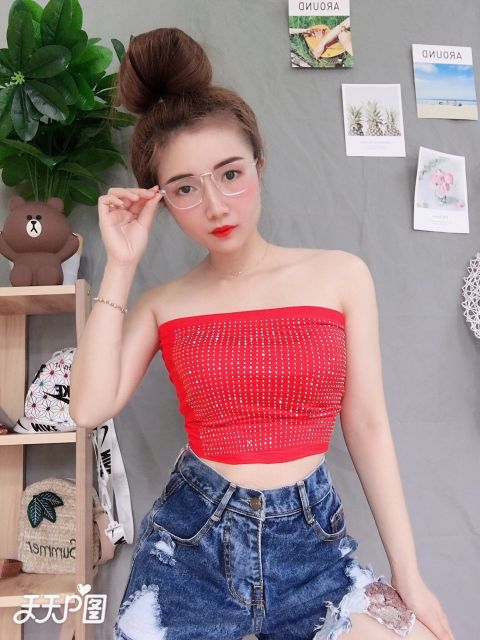 (Có ảnh khách mặc) Áo ống có mút ngực đính đá kim sa thun mềm mịn | BigBuy360 - bigbuy360.vn