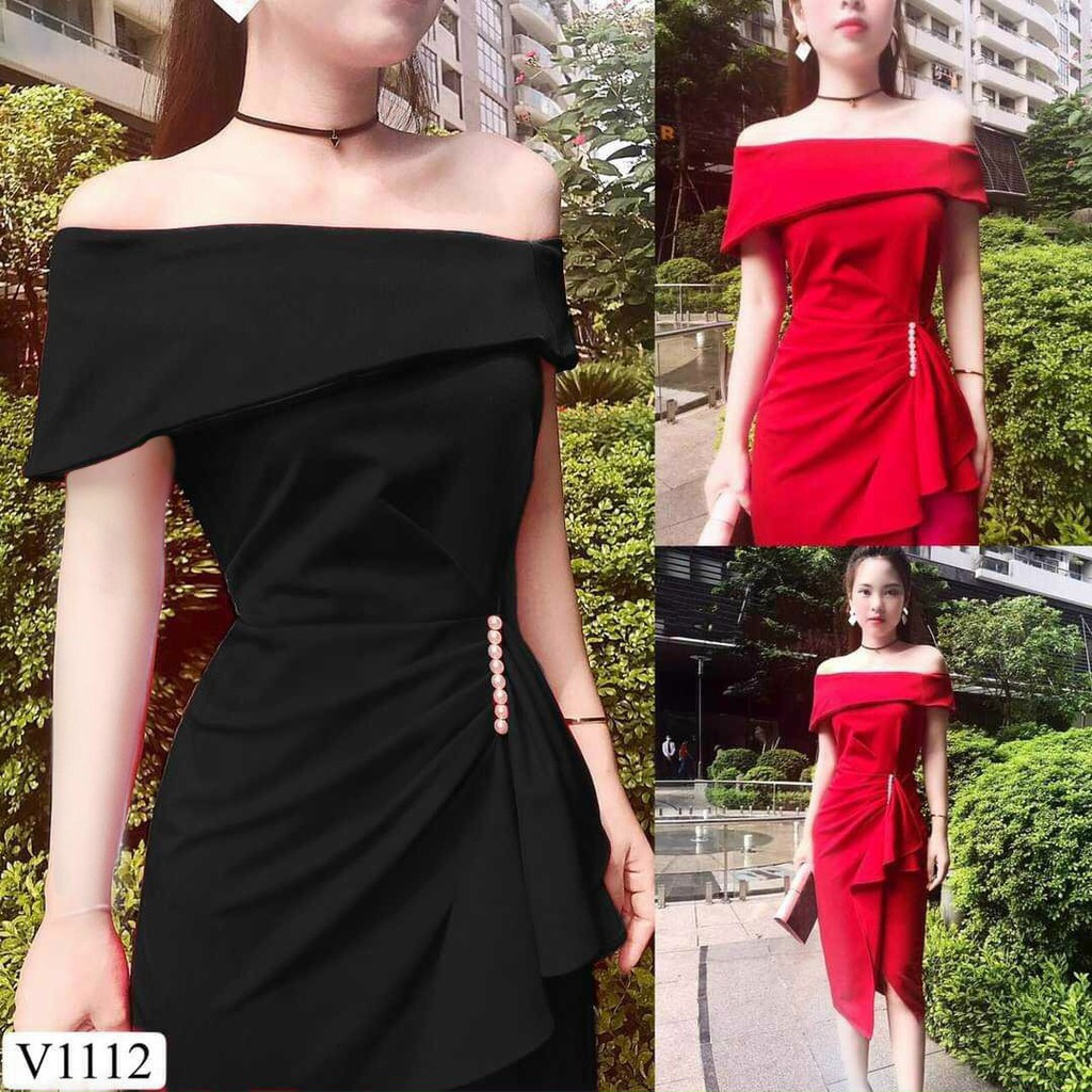 Đầm body trễ vai đính cườm ôm dáng