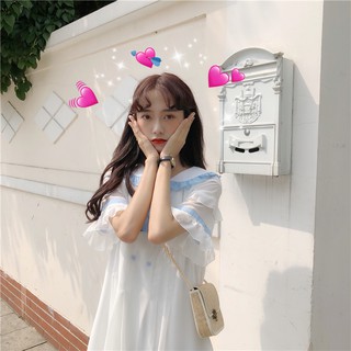 [Order] CÓ ẢNH THẬT CUỐI - Váy trắng viền bèo xanh da trời phong cách lolita cực xinh