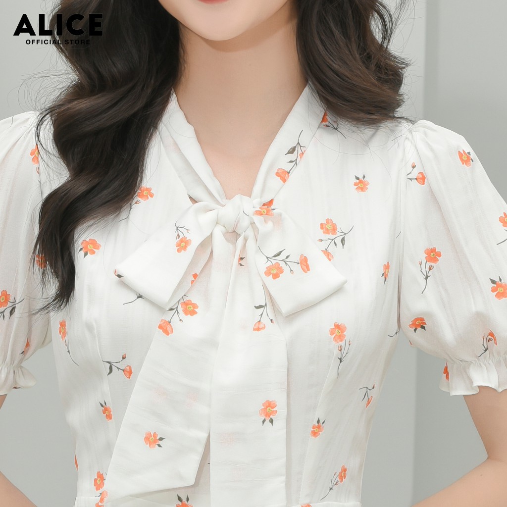 Đầm Trắng Thiết Kế Đẹp ALICE Dáng Xòe Cổ Chữ V Thắt Nơ Tay Bồng Chun Gấu Tay Họa Tiết Hoa Nhí V684