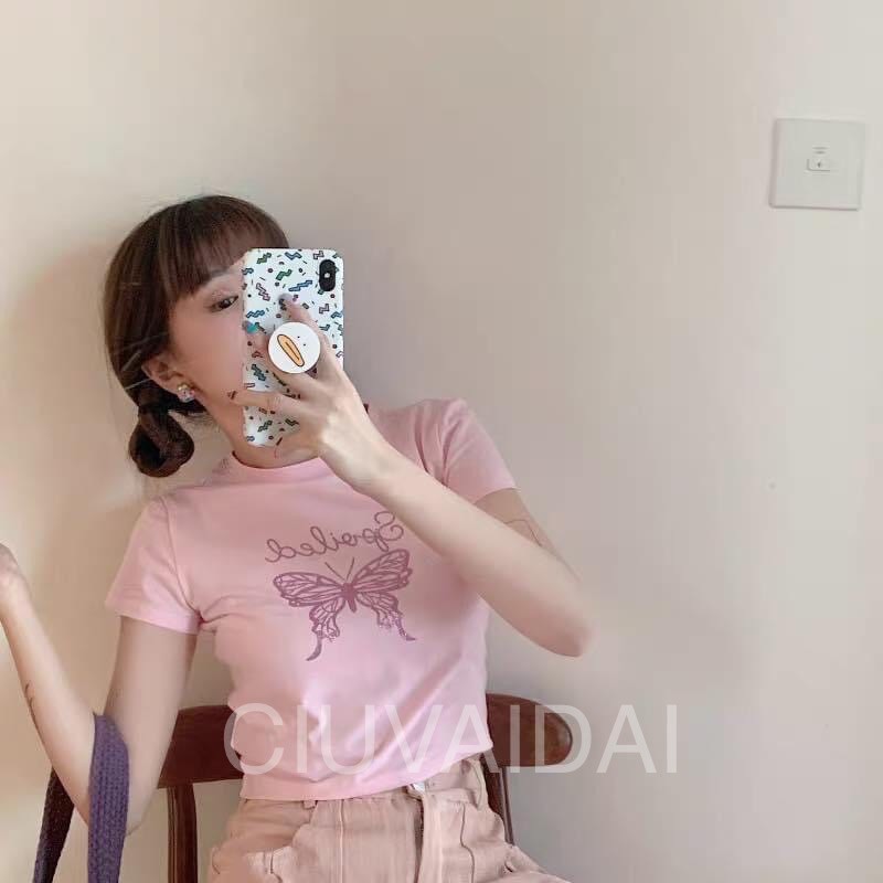 Áo croptop nữ bướm hồng siêu hot trend