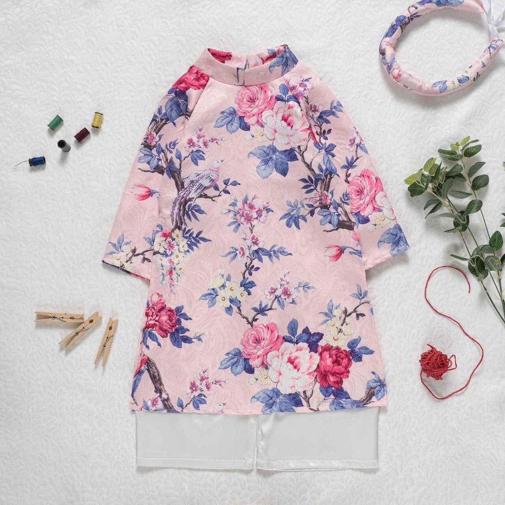 Áo dài gấm trẻ em 🎀FREESHIP🎀 Áo dài gấm hàn dày dặn cho bé gái truyền thống kèm mấn + quần