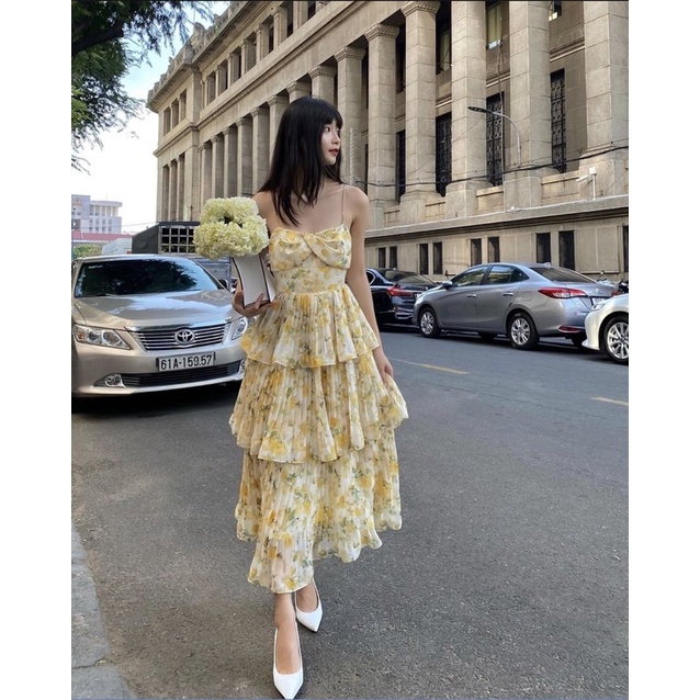 ĐẦM HOA VÀNG TẦNG 2 DÂY NHÍU NGỰC MIDI