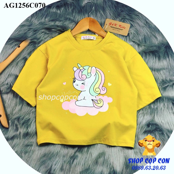 Áo thun croptop hình ngựa 1 sừng cho bé gái từ 24kg đến 38kg