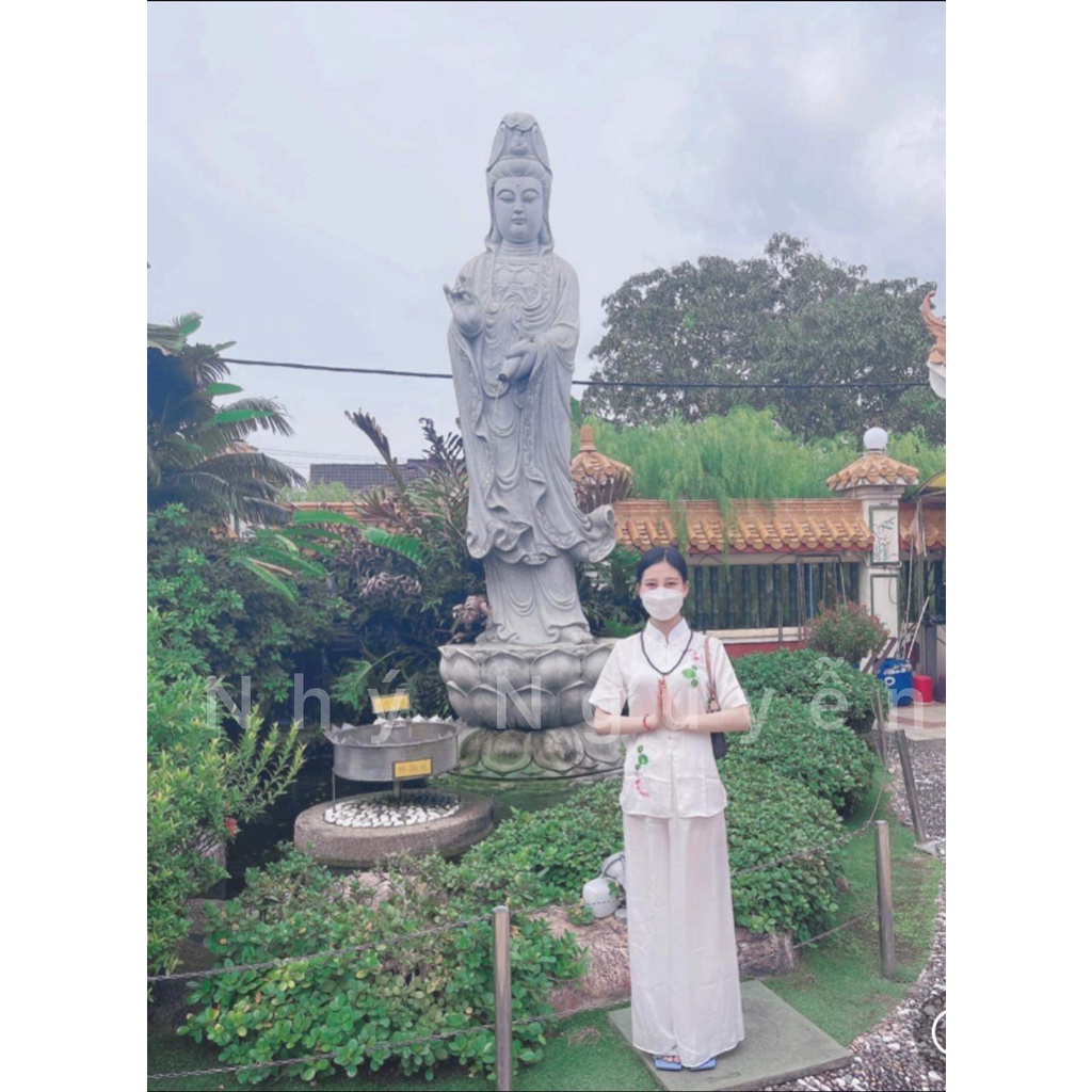 Đồ Lam Nữ Đi Chùa Mẫu Cá Ngọc Trắng Vải Lụa Satin