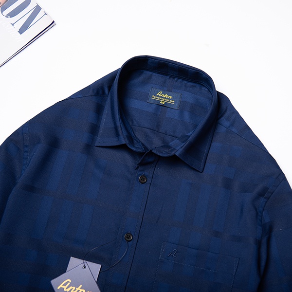 Áo Sơ Mi Nam Công Sở Trung Niên Anton Xanh Tím Than Ngắn Tay Kẻ Caro Thoáng Mát, Thấm Hút Mồ Hôi - NT201