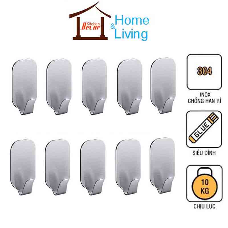 Combo 10 móc dán tường nhà bếp/nhà tắm sử dụng keo 3M chất liệu Inox 304 – Móc 08