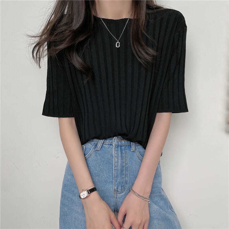 Áo Thun Dệt Kim Tay Ngắn Cổ Tròn Màu Sắc Kẹo Ngọt Phong Cách Hàn Quốc Thời Trang Mùa Hè