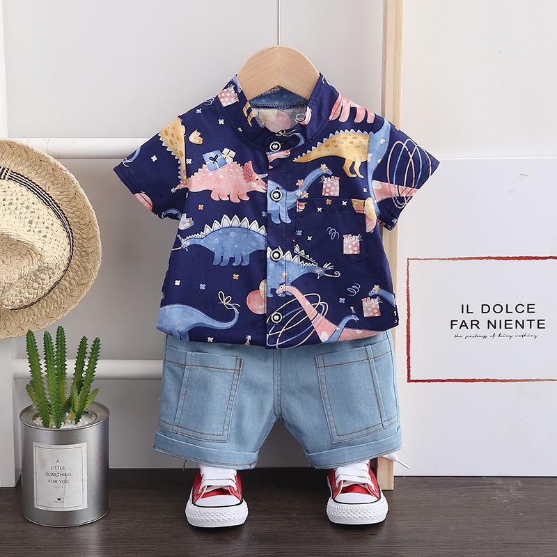 Bộ đồ áo sơ mi quần jean họa tiết KHỦNG LONG phong cách Hàn Quốc cho bé trai QATE32