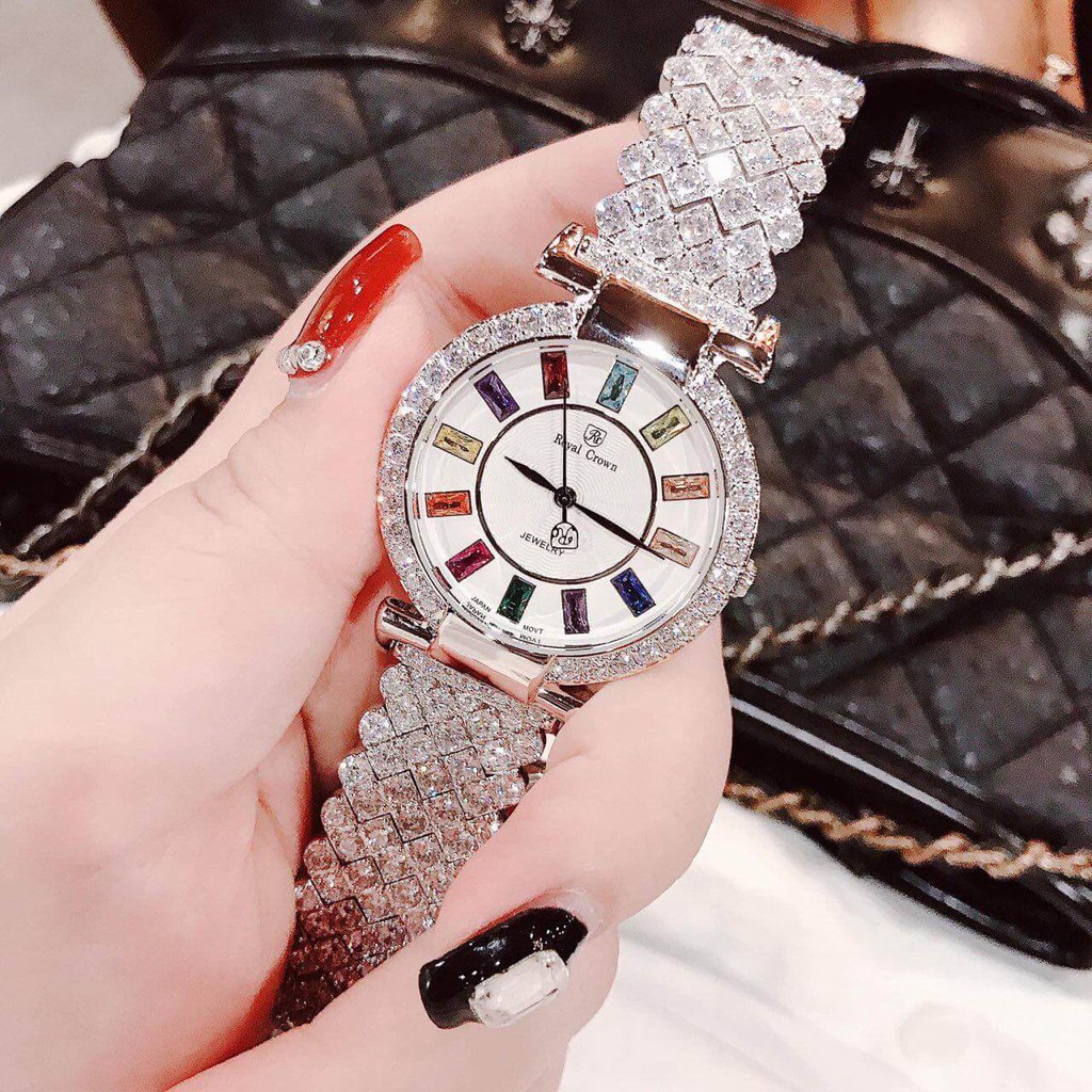 [CHÍNH HÃNG] Đồng hồ nữ dây kim loại, đồng hồ đeo tay đính kim cương nhân tạo ROYAL CROWN cao cấp, siêu sang chảnh