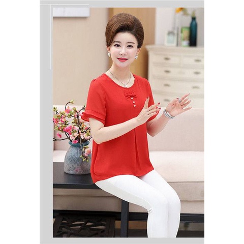 Short-sleeved T-shirt, chiffon shirt, middle-aged women's plain plus size T-shirt