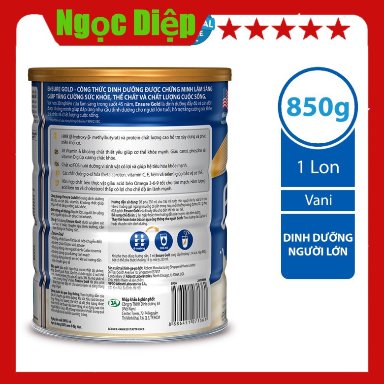 Sữa bột Ensure Gold HMB 850g hương Vani