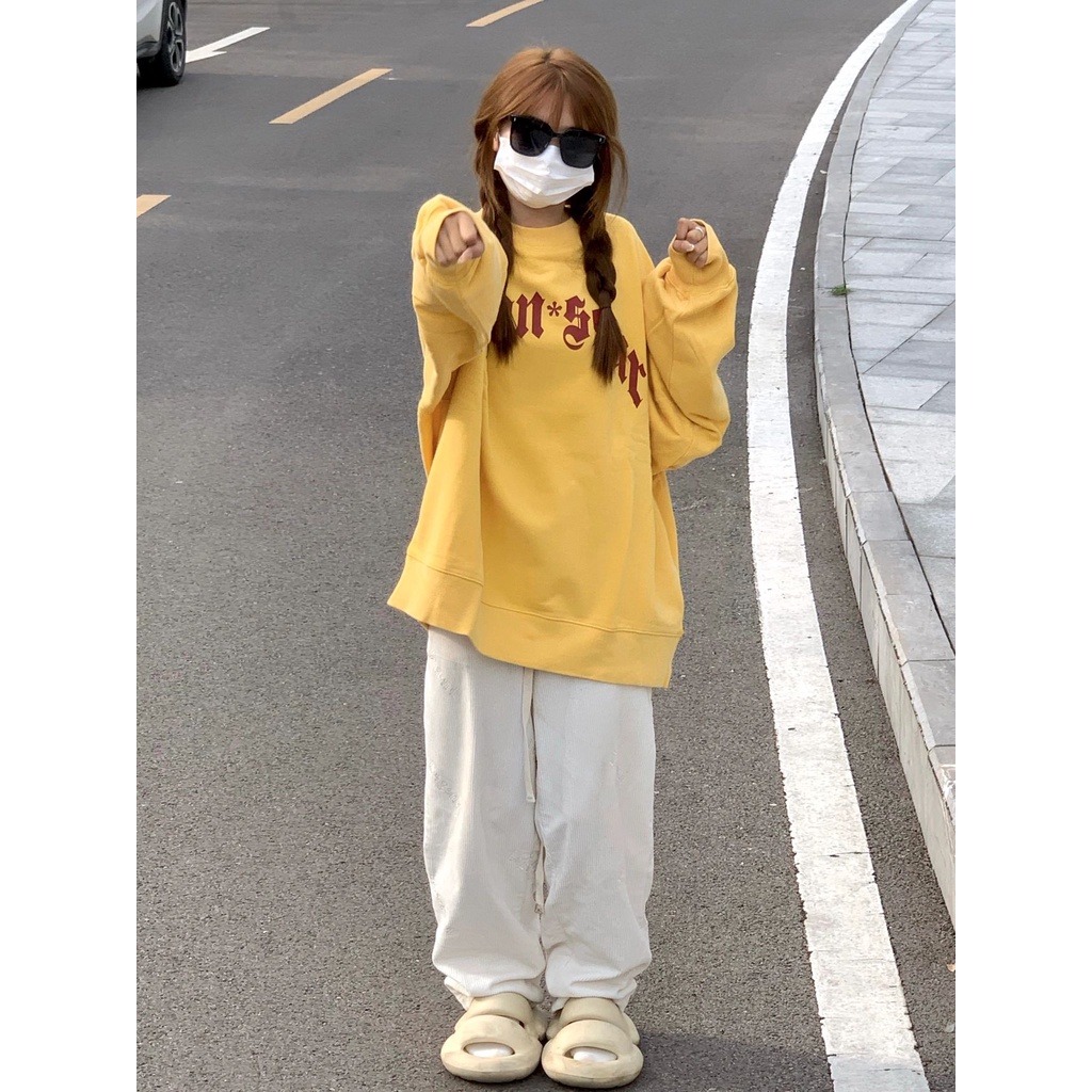 Welove1 Áo Nỉ Cổ Tròn Màu Vàng In Họa Tiết Vintage Mỹ Dễ Thương