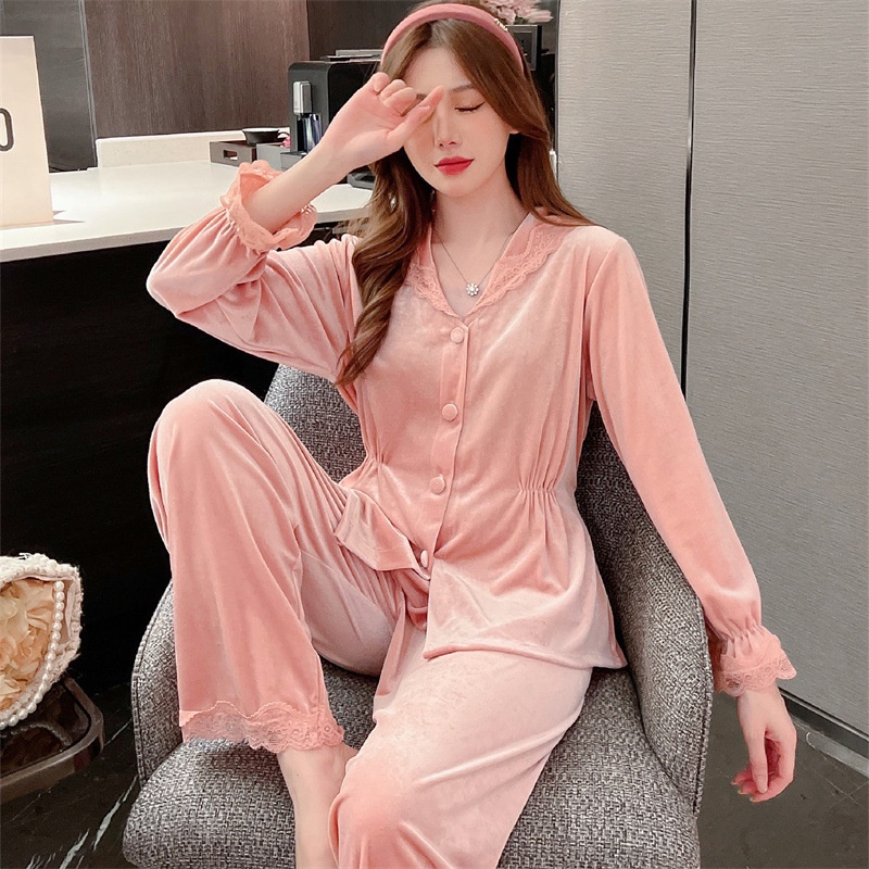 Bộ Đồ Ngủ Tay Dài Chất Liệu Nhung Thời Trang Thu Đông Phong Cách Hàn Quốc Cho Nữ