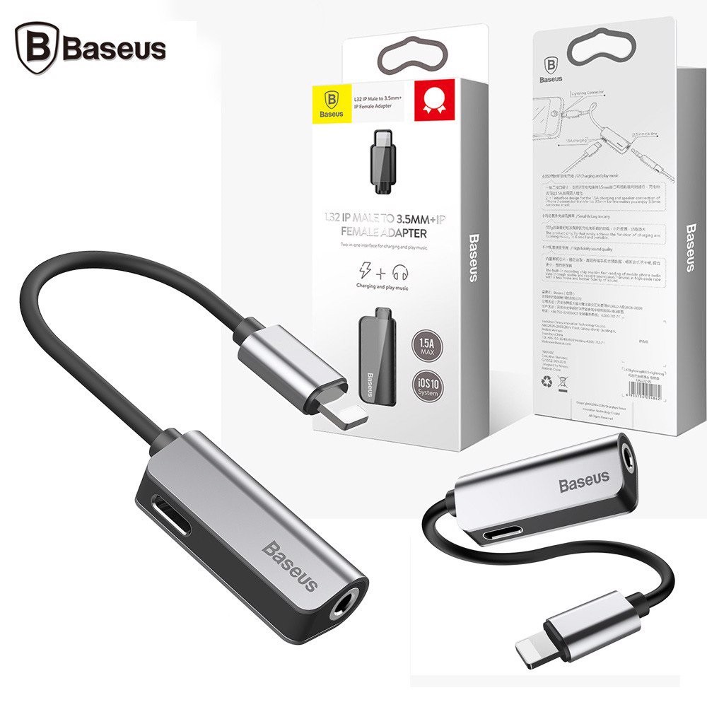 Bộ chia chuyển đổi âm thanh Baseus L32 2 trong 1 Lightning ra cổng tai nghe 3.5 mm và cổng sạc cho iphone 7,8, iphone X