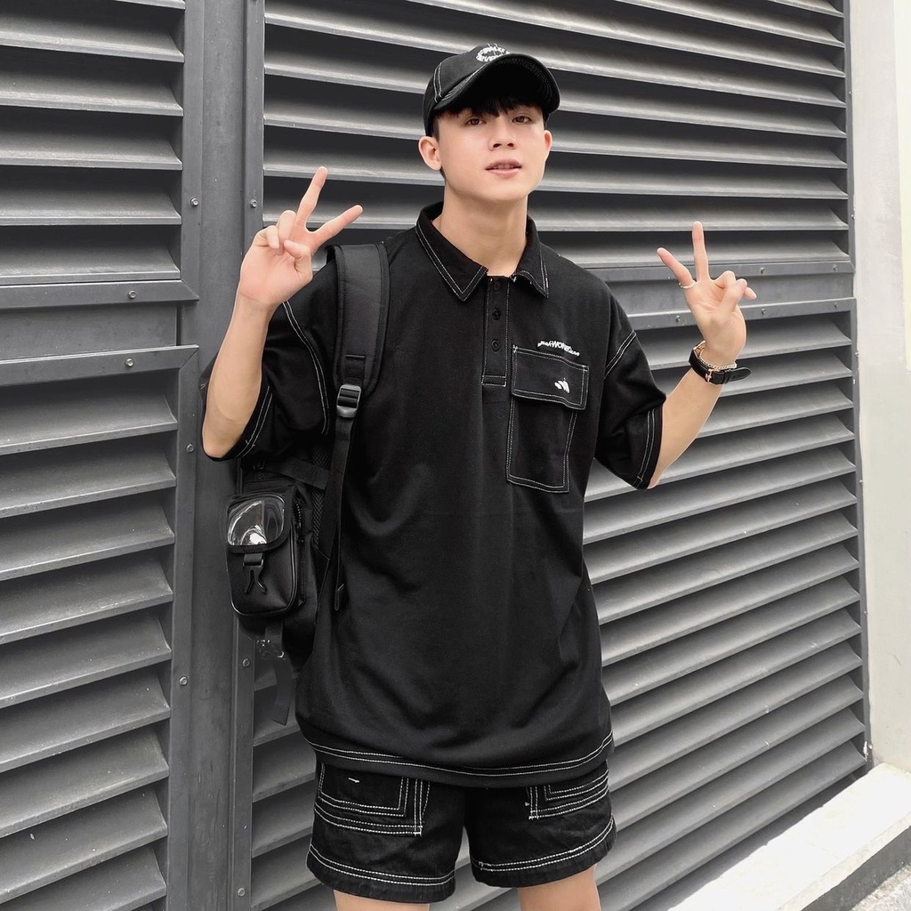 Áo thun Polo tay lỡ Wonder form rộng chất vải gai thoáng mát, Áo Polo Unisex Nam Nữ