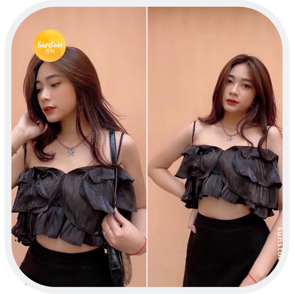 Áo croptop kiểu hai dây phần thân xếp bèo dây điều chỉnh 2 màu đen và trằn SAKURA TOP