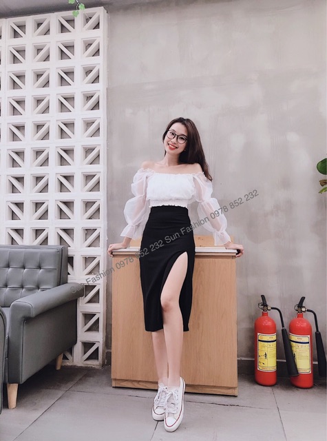 Chân váy chữ A dáng dài xẻ tà midi chất liệu tuyết mưa dày dặn Sun Fashion